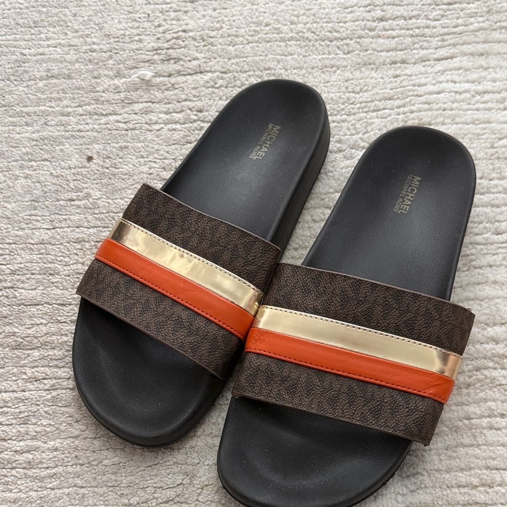 Michael Kors Women’s Brown and Orange Gold Eva Slide Sandals